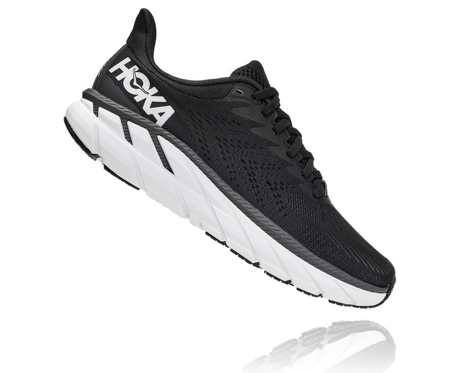 Hoka Australia One One Clifton 7 - Womens Running Shoes Black/White - SFYRW-0327